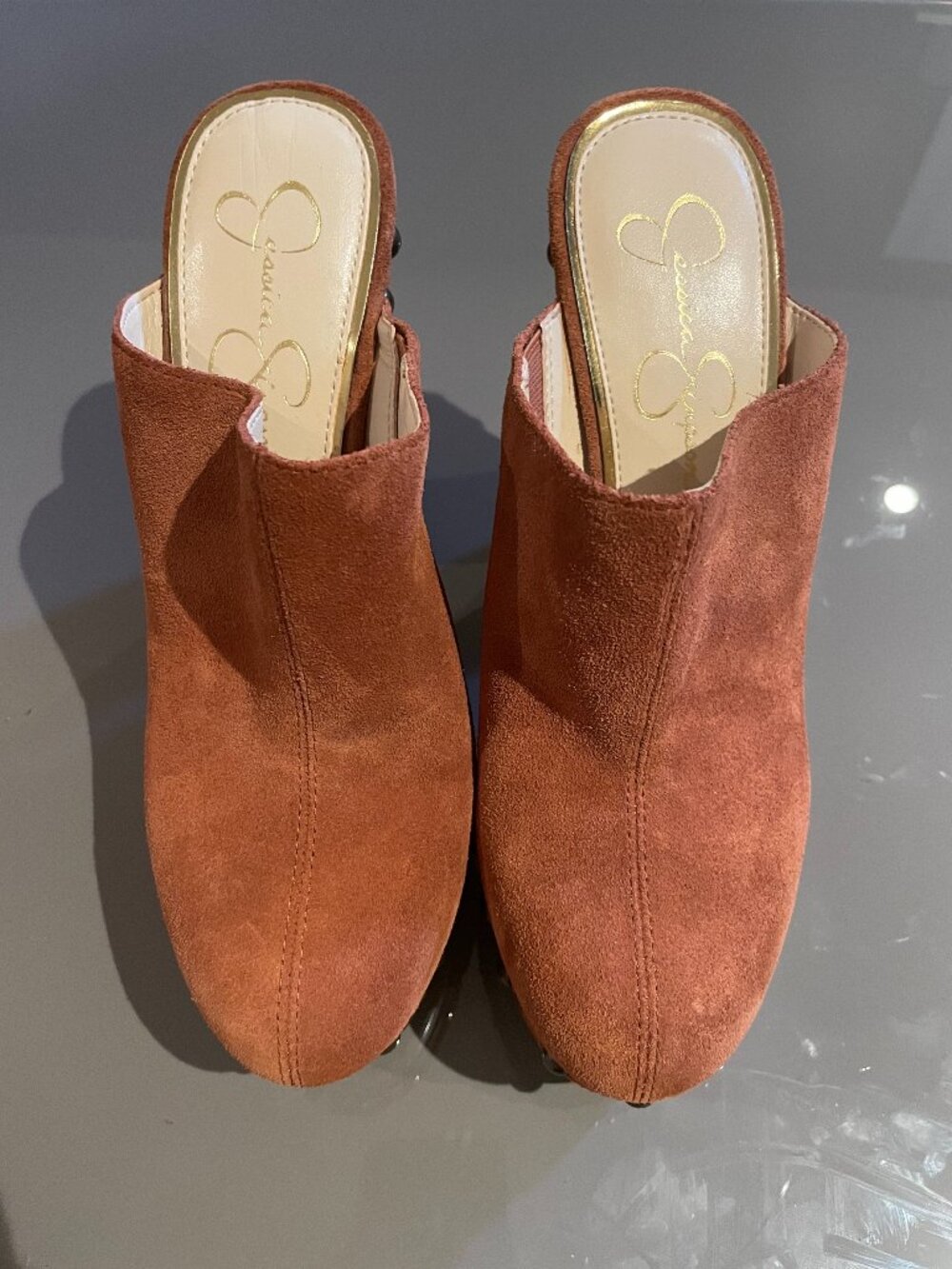 Jessica Simpson Brown Suede Studded Clog Mules Platform Heels Women's Size 7.5